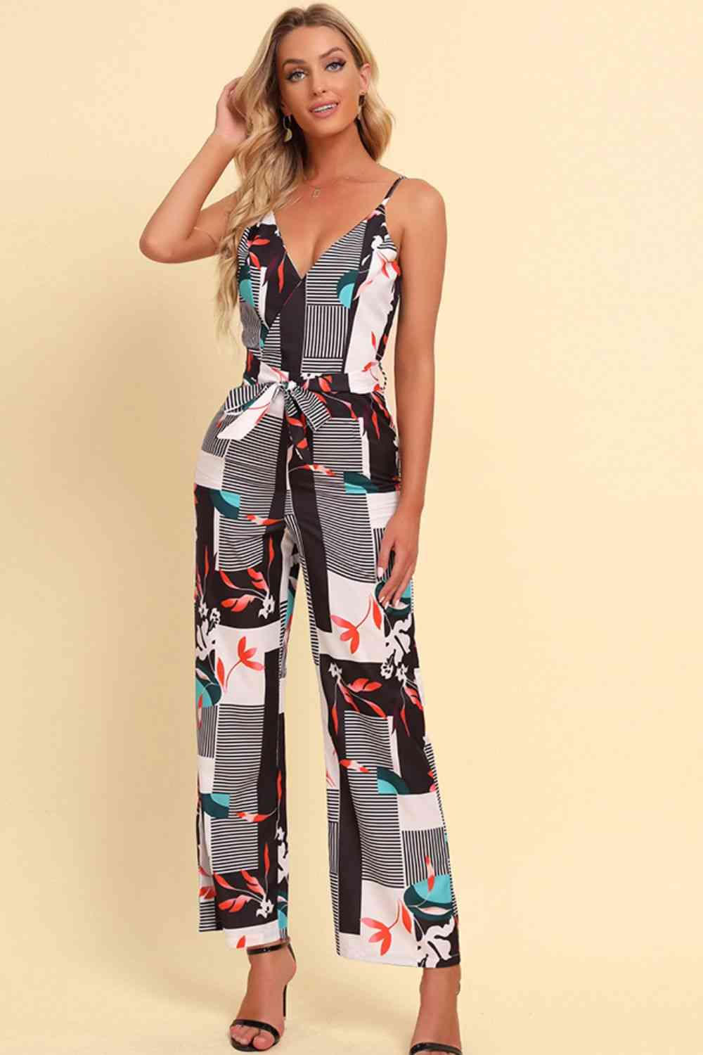 Printed Spaghetti Strap Tied Jumpsuit - TRENDMELO