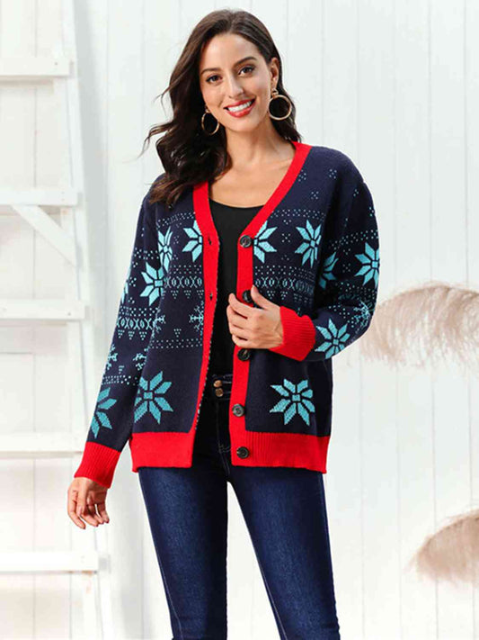 Snowflake Pattern Button Down Cardigan - TRENDMELO