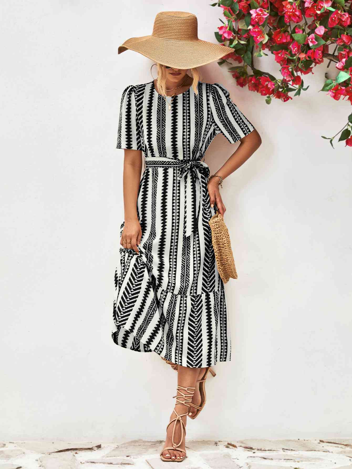 Striped Tie Belt Round Neck Puff Sleeve Dress - TRENDMELO