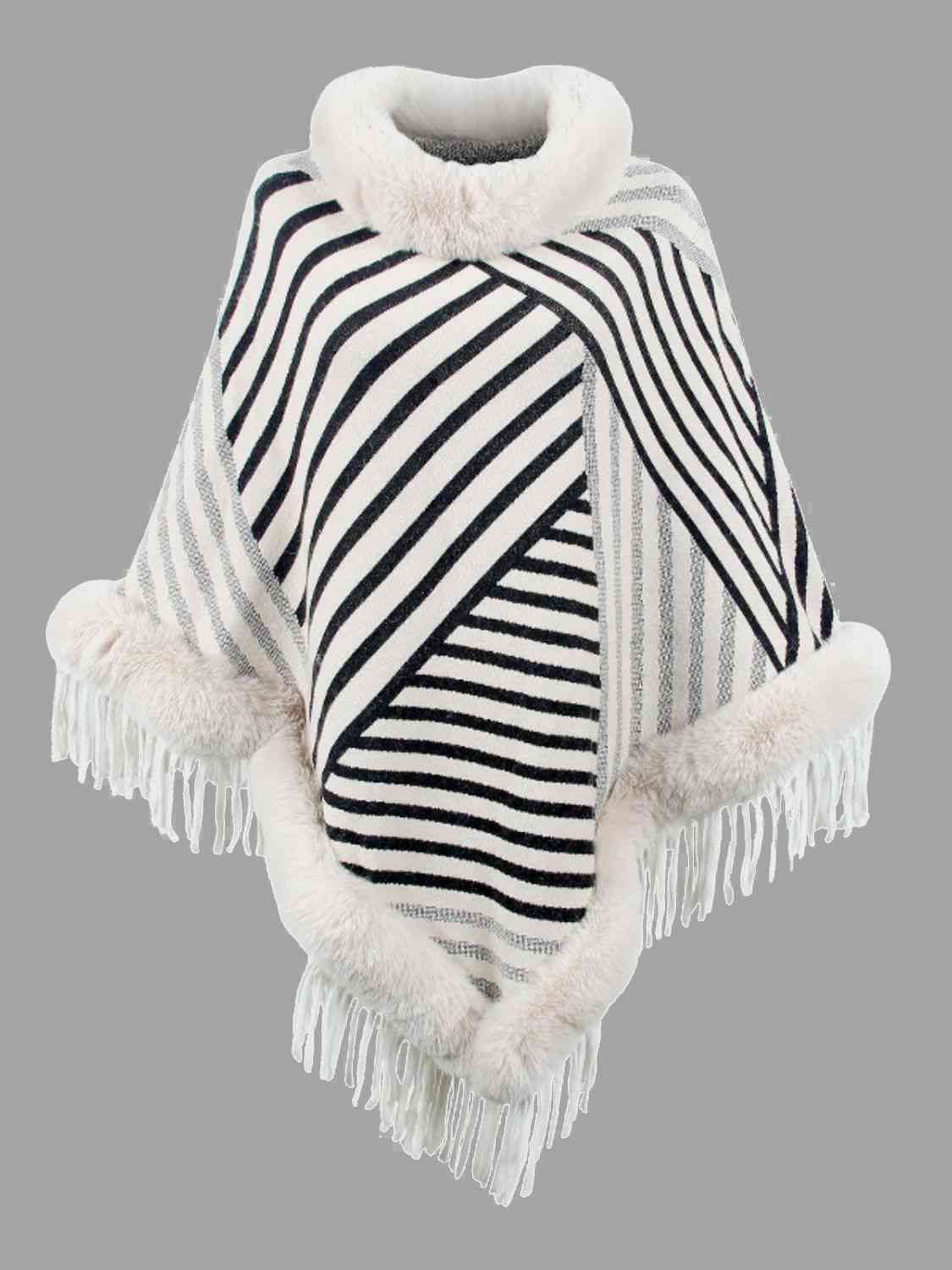 Striped Fringe Hem Poncho - TRENDMELO