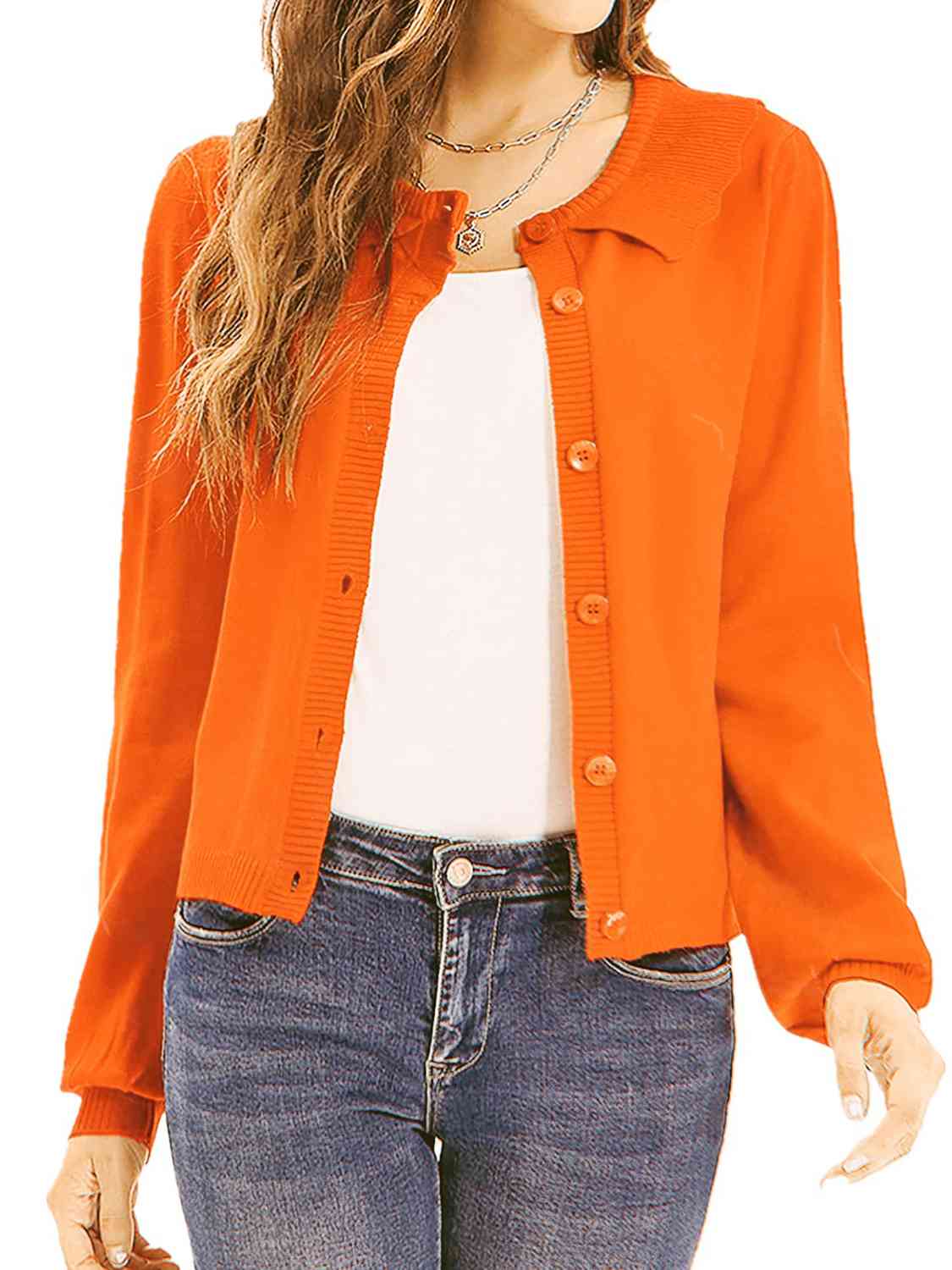 Collared Long Sleeve Button Down Cardigan - TRENDMELO