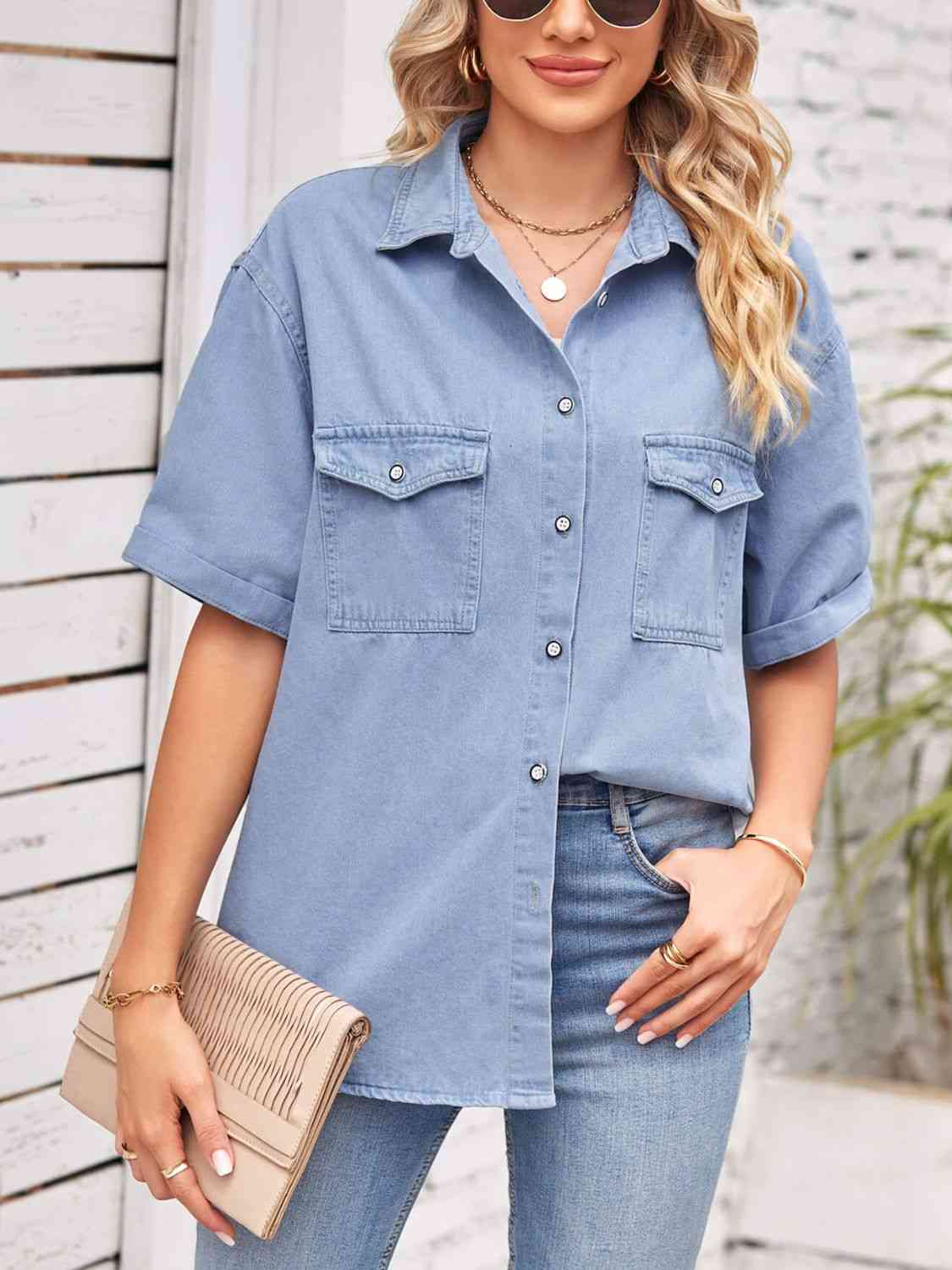 Collared Neck Short Sleeve Denim Jacket - TRENDMELO