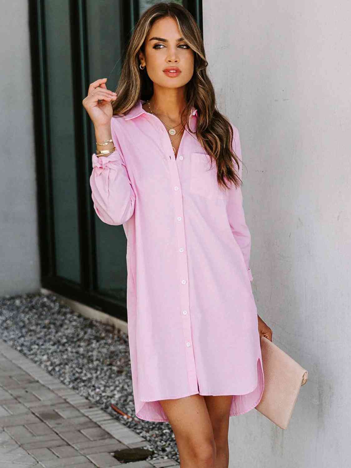 Button Up Collared Neck Long Sleeve Shirt Dress - TRENDMELO