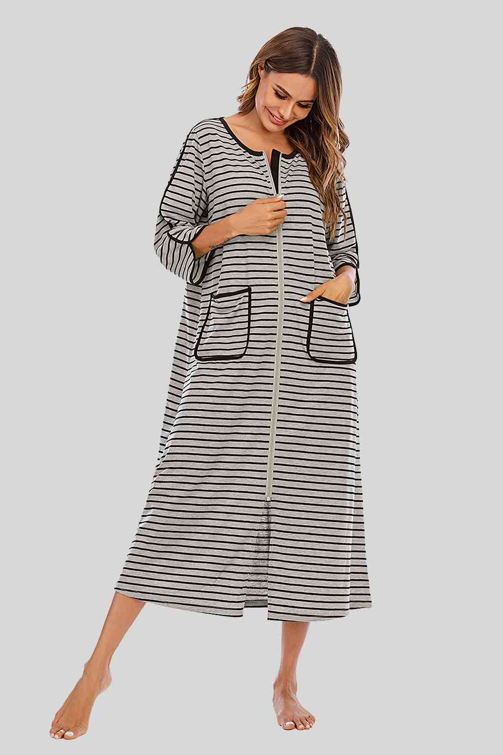 Round Neck Three-Quarter Sleeve Midi Night Dress - TRENDMELO