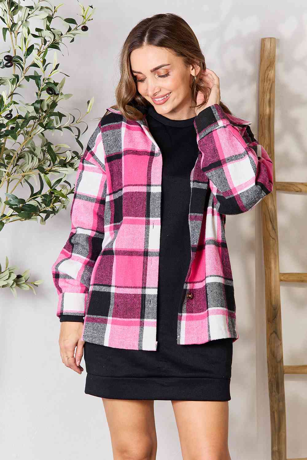 Double Take Plaid Button Up Collared Neck Jacket - TRENDMELO