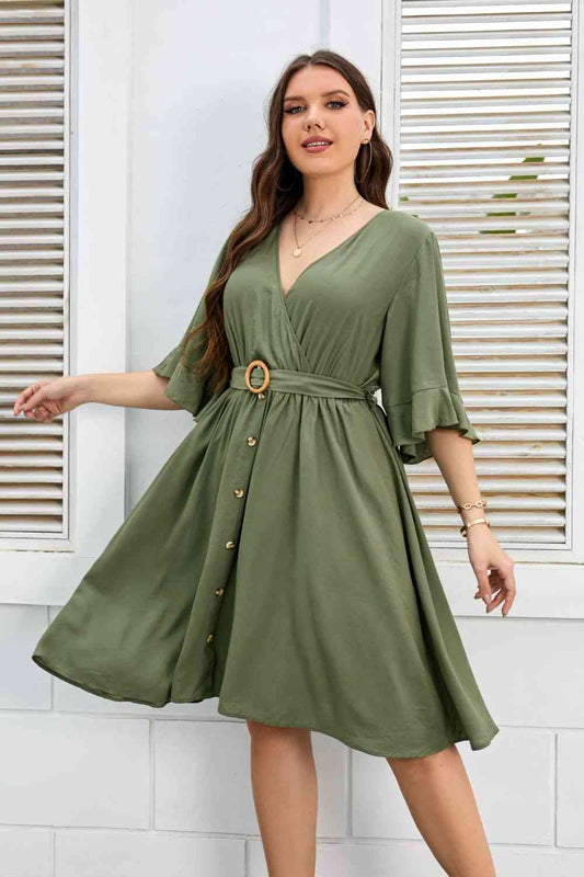 Plus Size Surplice Neck Half Sleeve Dress - TRENDMELO