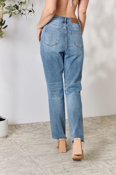 Judy Blue Full Size Distressed Raw Hem Straight Jeans - TRENDMELO