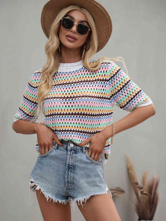 Striped Openwork Half Sleeve Knit Top - TRENDMELO