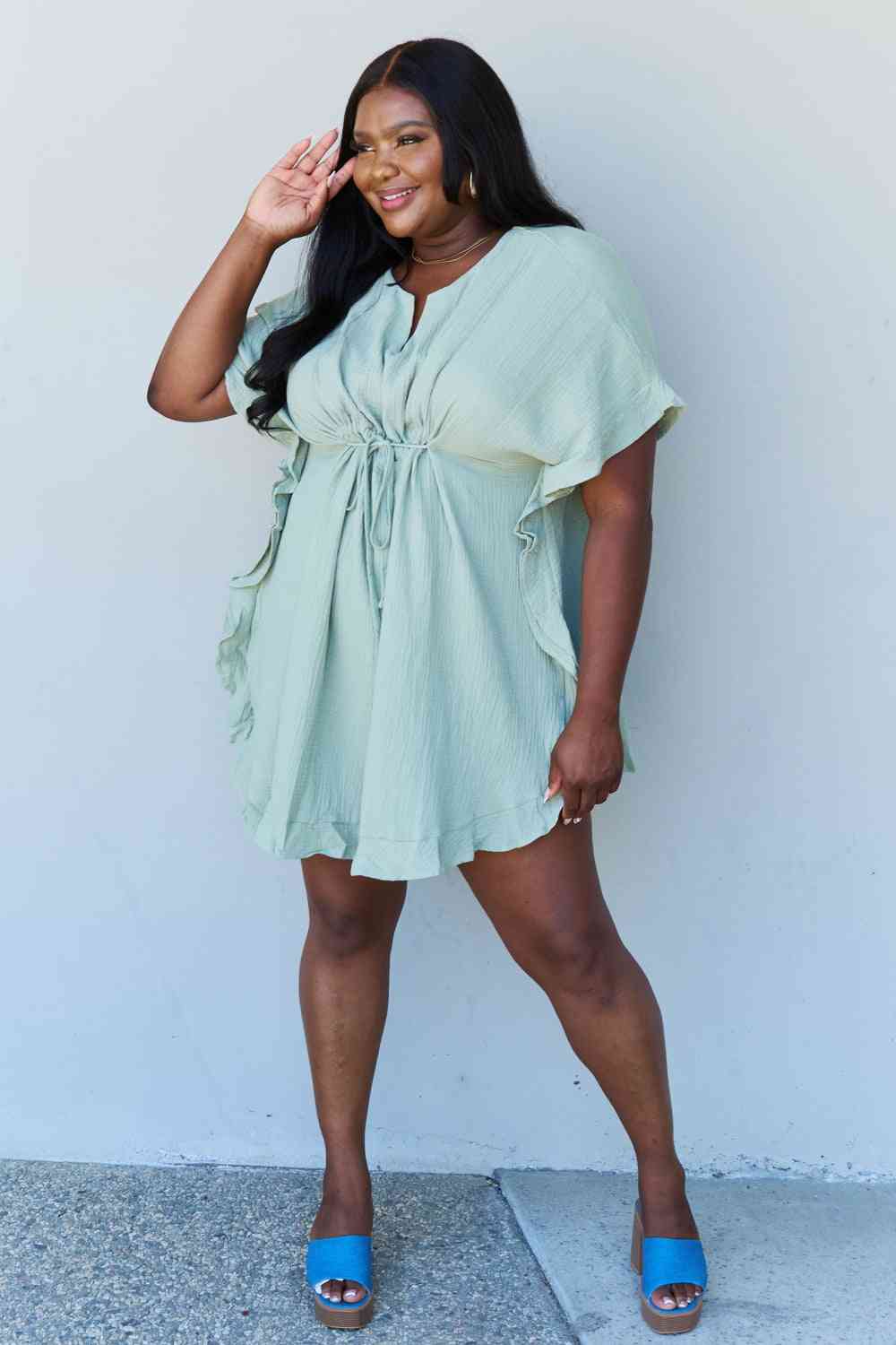 Ninexis Out Of Time Full Size Ruffle Hem Dress with Drawstring Waistband in Light Sage - TRENDMELO