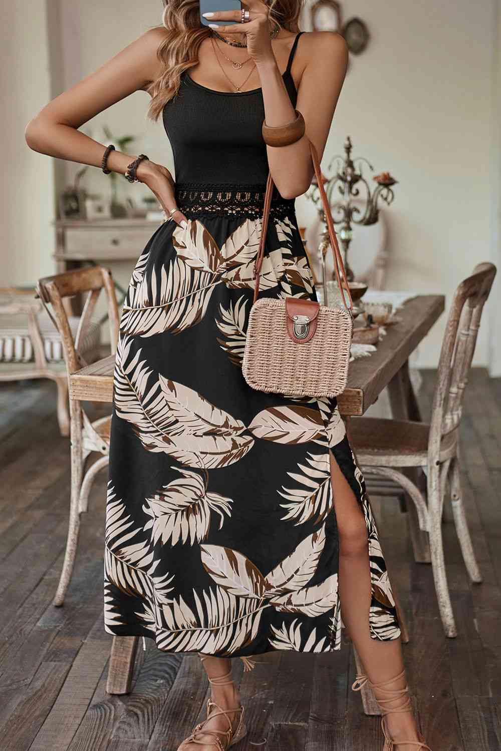 Printed Sleeveless Scoop Neck Slit Dress - TRENDMELO