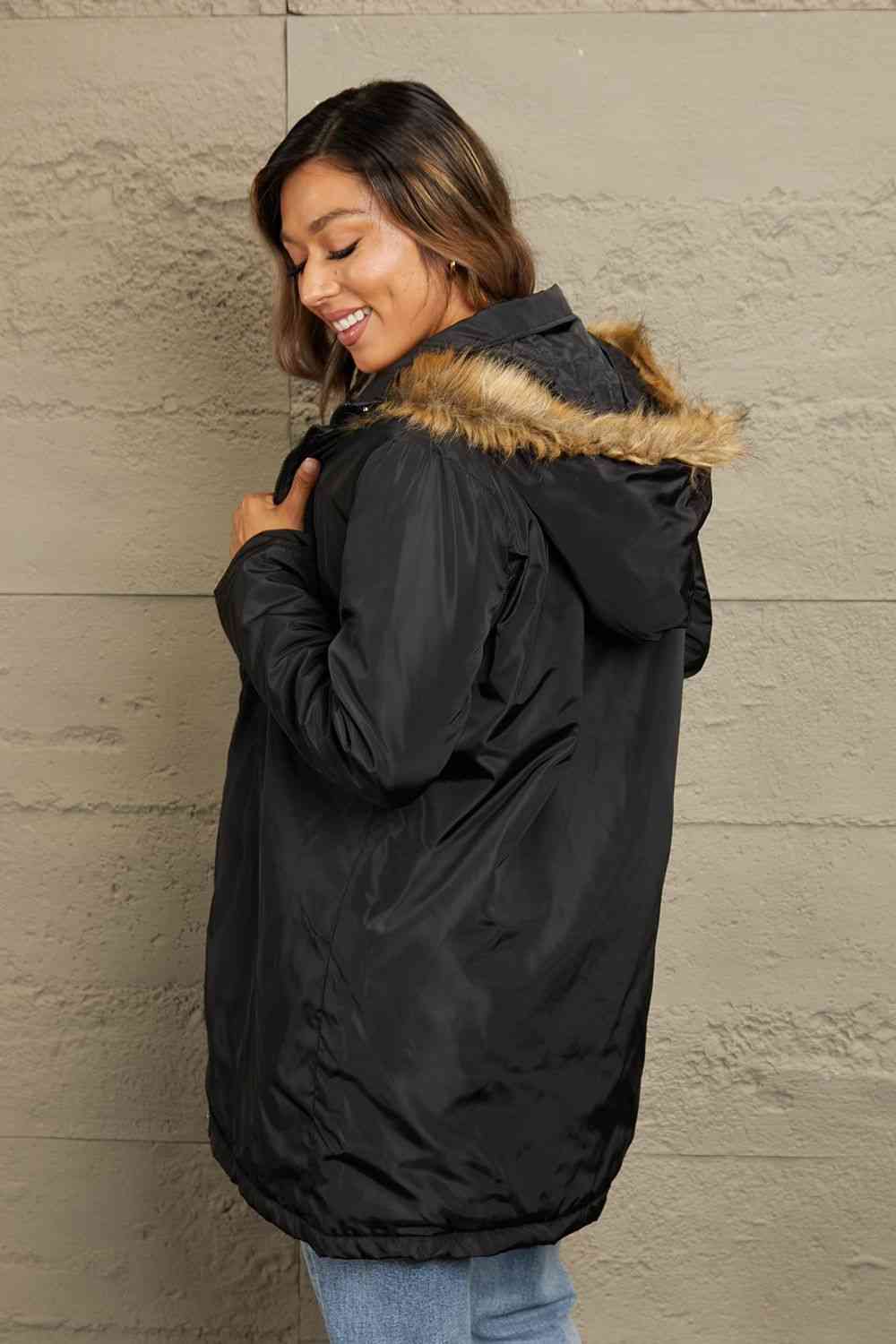 Double Take Faux Fur Trim Hooded Puffer Jacket - TRENDMELO