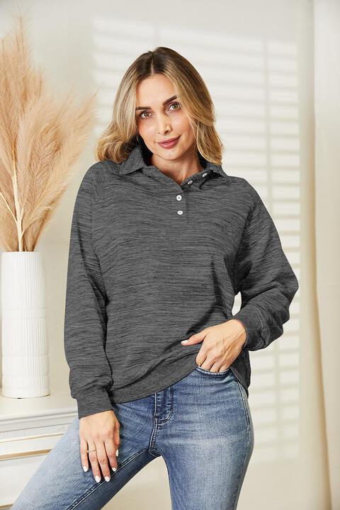 Ninexis Full Size Quarter-Button Collared Sweatshirt - TRENDMELO