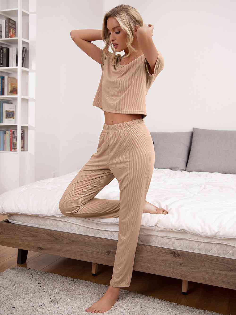 Round Neck Short Sleeve Top and Pants Lounge Set - TRENDMELO