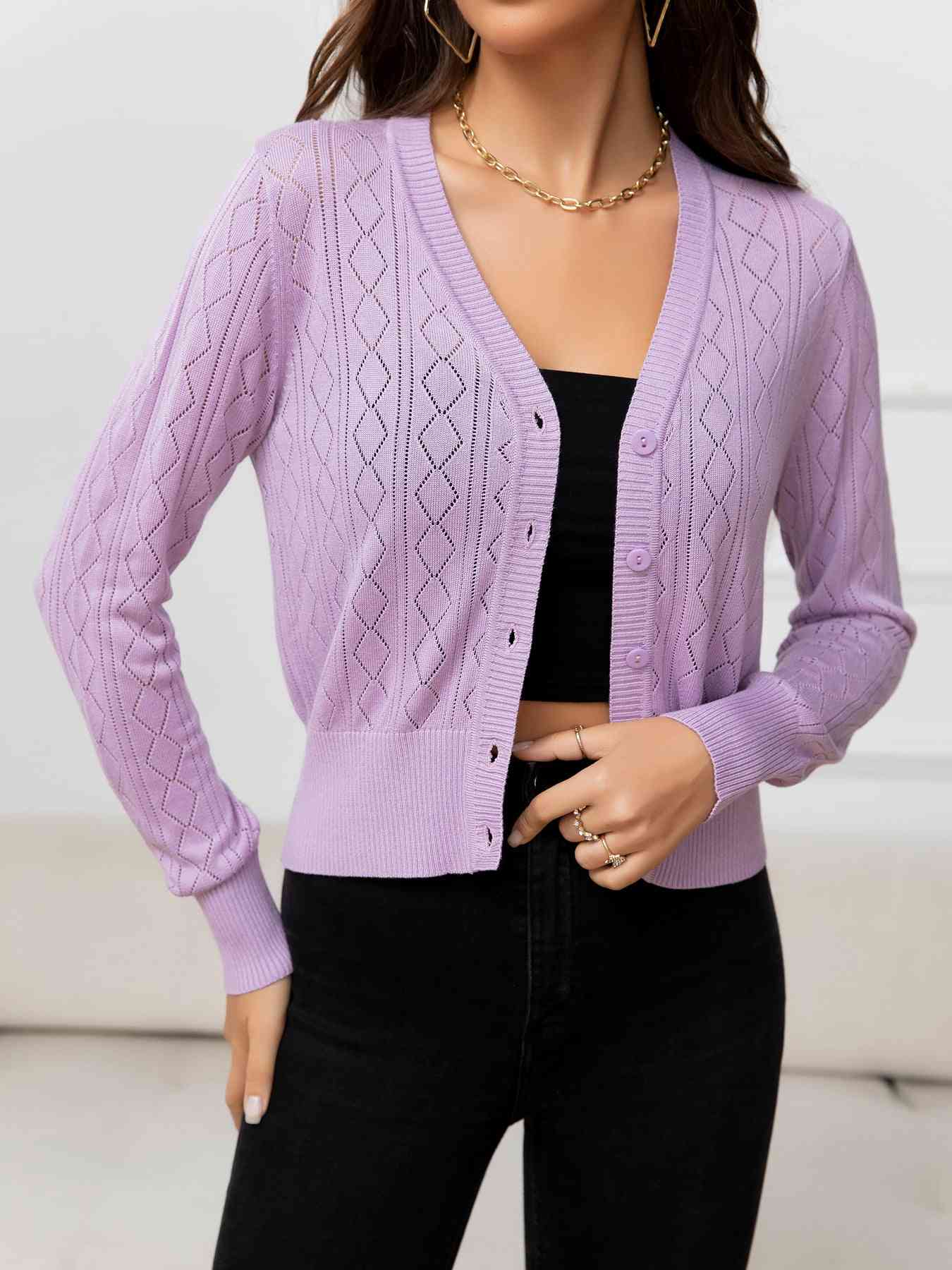 V-Neck Buttoned Long Sleeve Knit Top - TRENDMELO