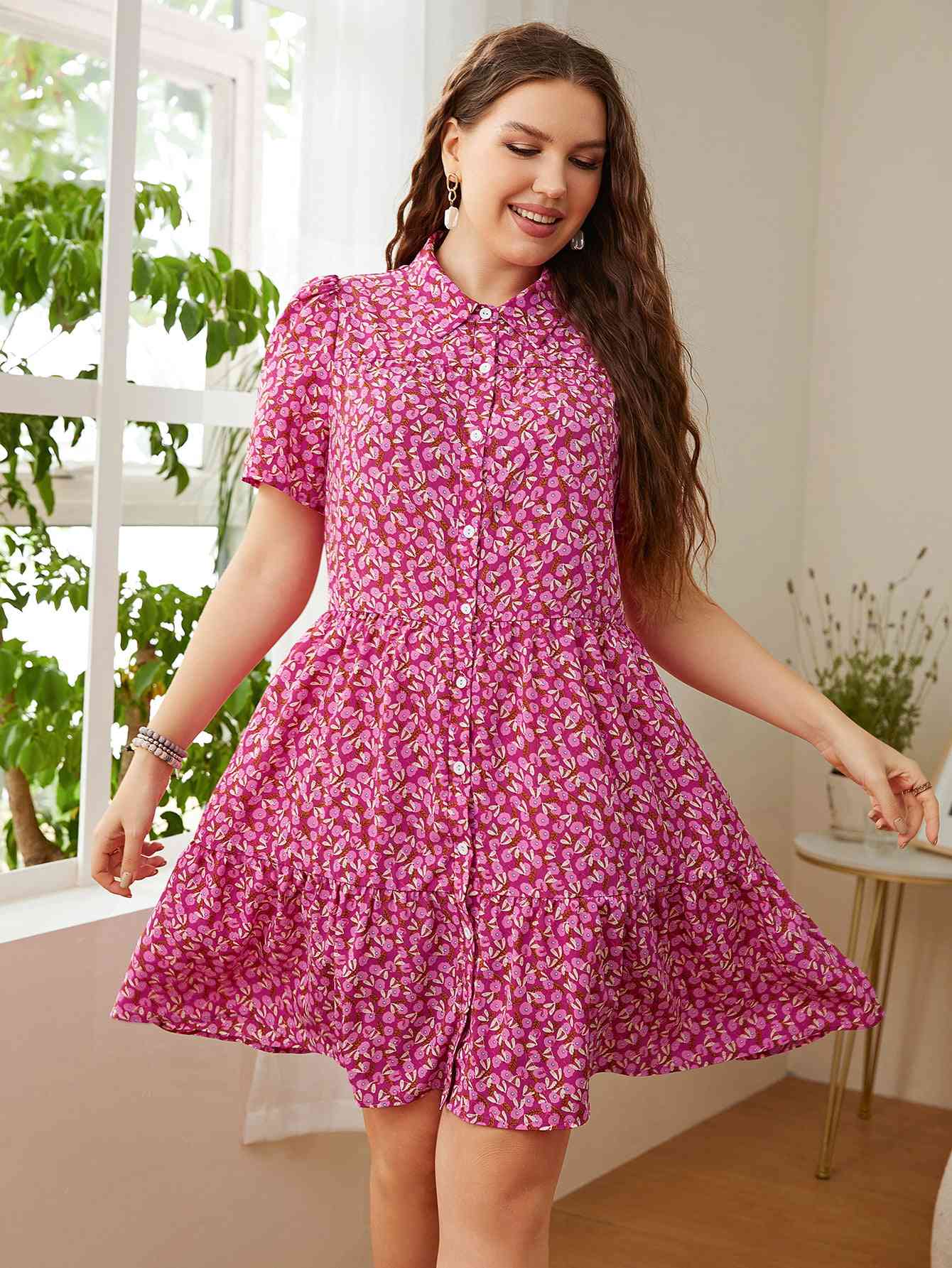 Plus Size Printed Short Sleeve Collared Dress - TRENDMELO