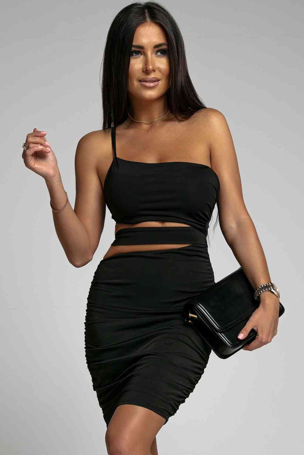 One-Shoulder Cutout Ruched Bodycon Dress - TRENDMELO