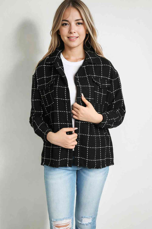 Plaid Raw Hem Jacket with Pockets - TRENDMELO