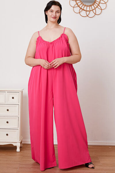 Full Size Ruffle Trim Tie Back Cami Jumpsuit with Pockets - TRENDMELO