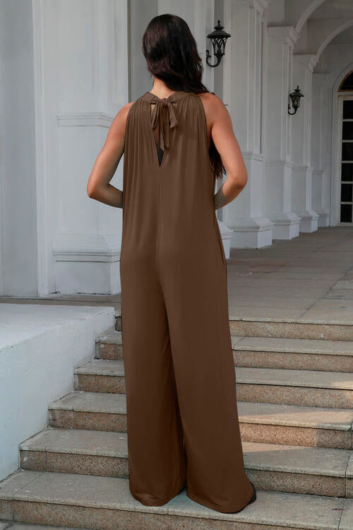 Double Take Full Size Tie Back Cutout Sleeveless Jumpsuit - TRENDMELO