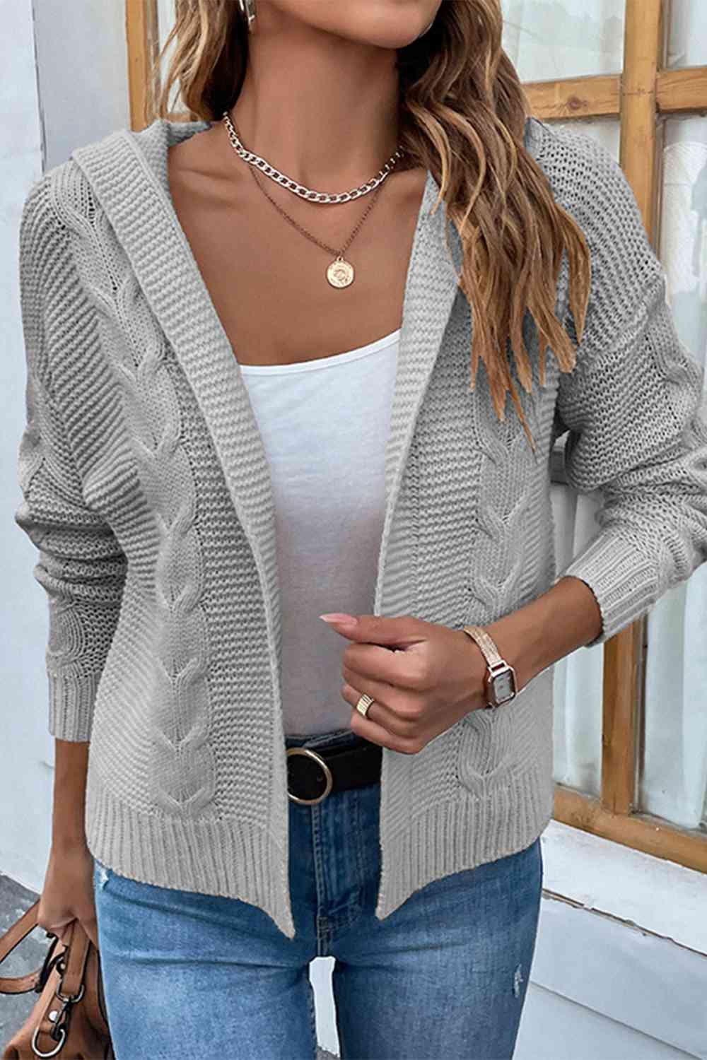 Cable-Knit Dropped Shoulder Hooded Cardigan - TRENDMELO