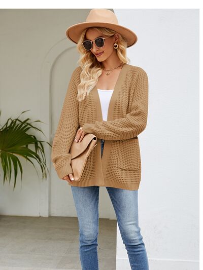 Open Front Raglan Sleeve Pocketed Cardigan - TRENDMELO