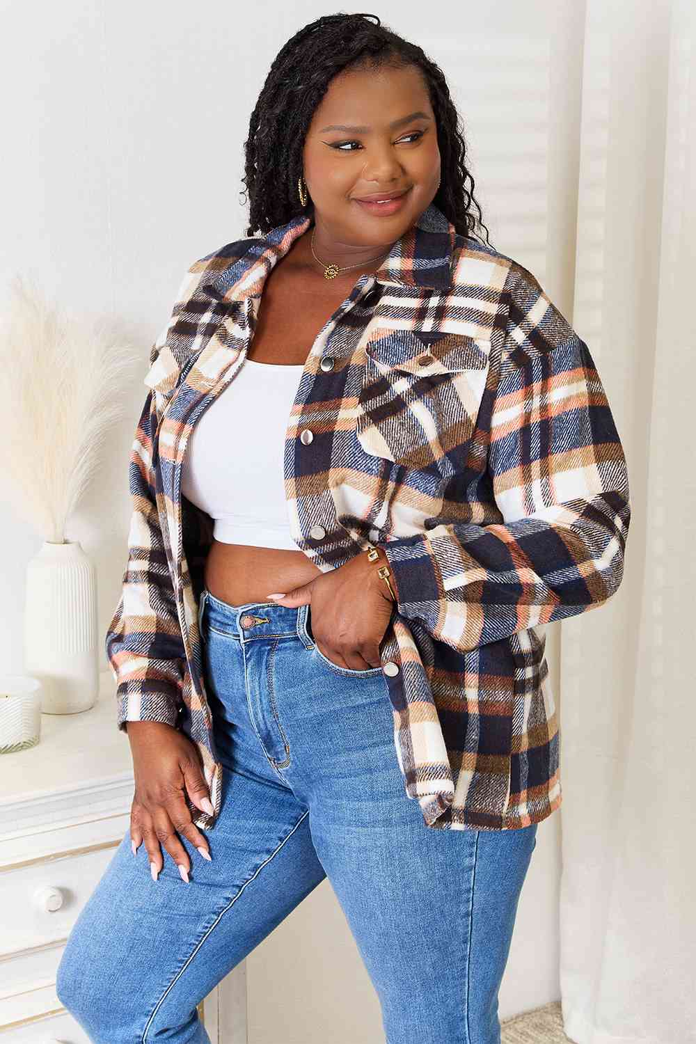 Double Take Plaid Button Front Shirt Jacket with Breast Pockets - TRENDMELO