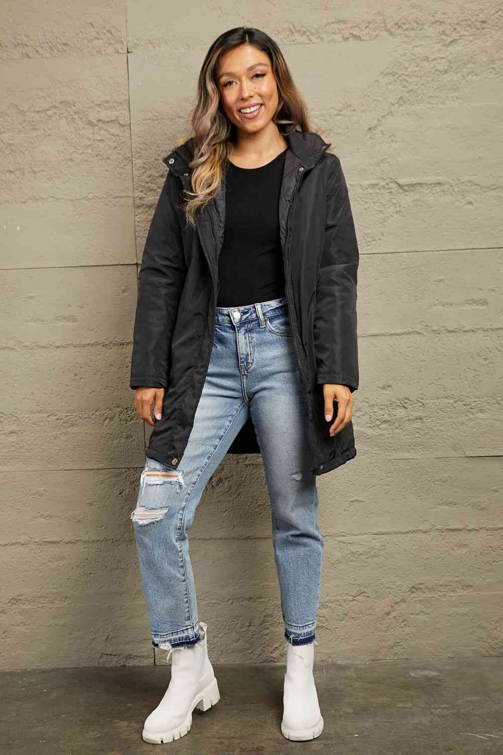 Double Take Faux Fur Trim Hooded Puffer Jacket - TRENDMELO