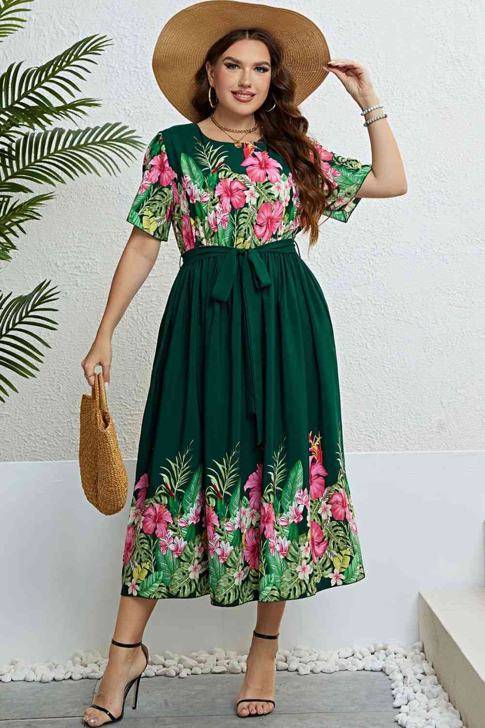 Floral Tie-Waist Round Neck Dress - TRENDMELO