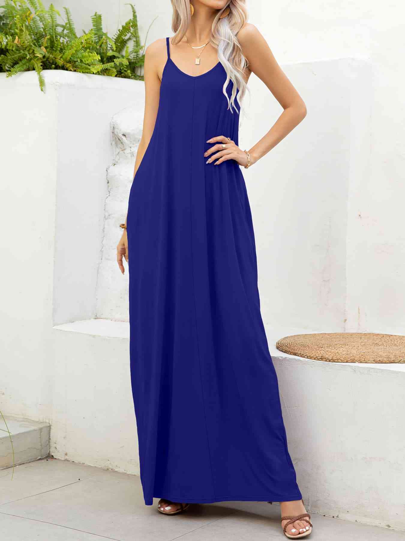 Spaghetti Strap V-Neck Maxi Dress with Pockets - TRENDMELO