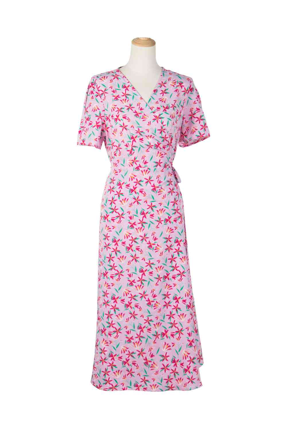 Floral Surplice Neck Short Sleeve Dress - TRENDMELO