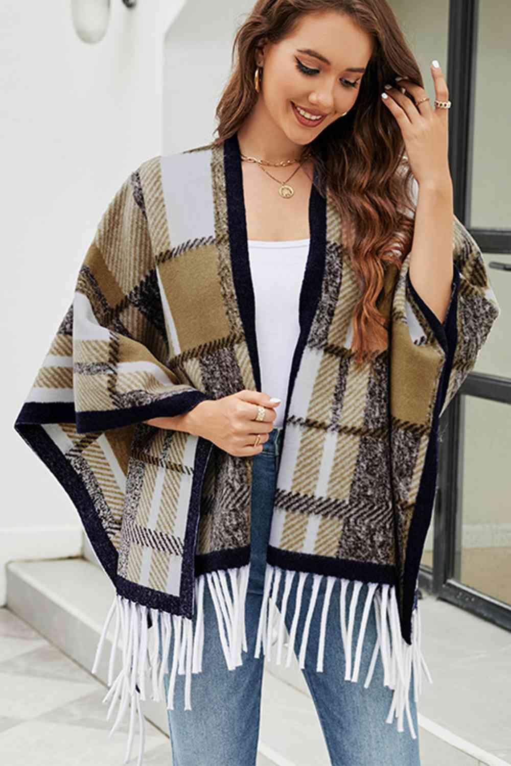 Cloak Sleeve Fringe Detail Poncho - TRENDMELO