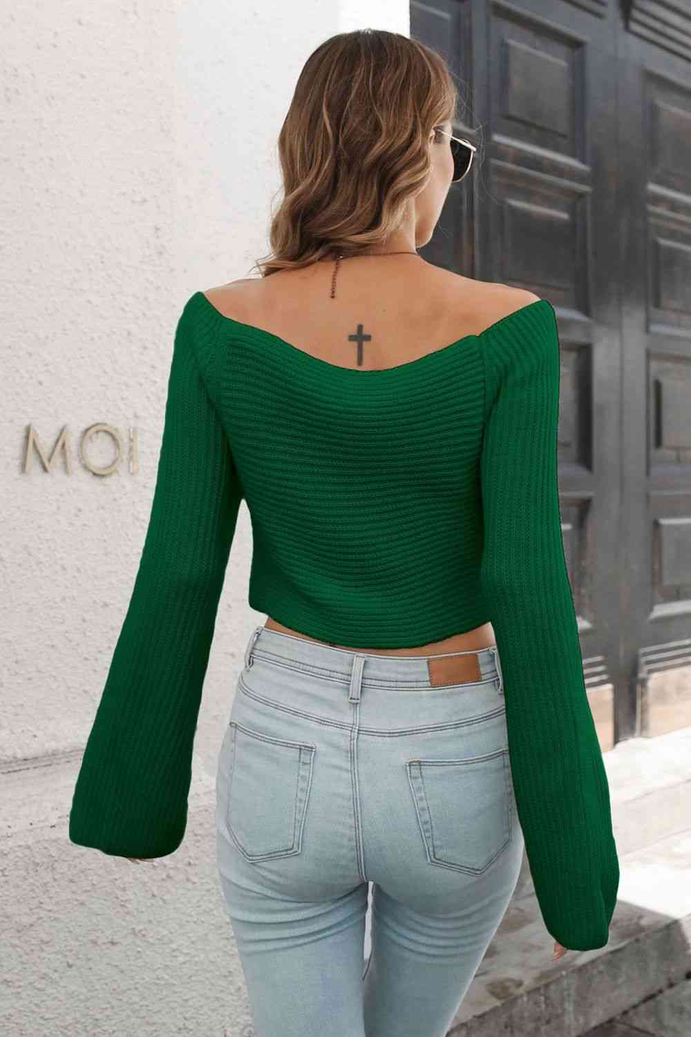 Cropped V-Neck Flare Sleeve Knit Top - TRENDMELO