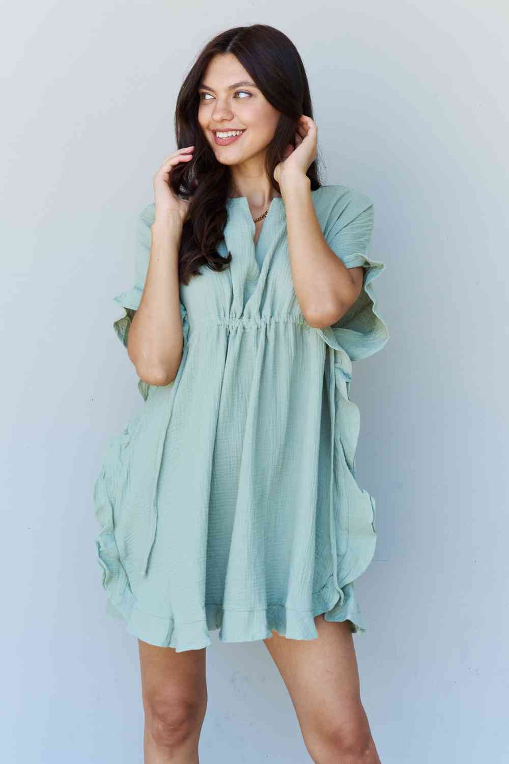 Ninexis Out Of Time Full Size Ruffle Hem Dress with Drawstring Waistband in Light Sage - TRENDMELO