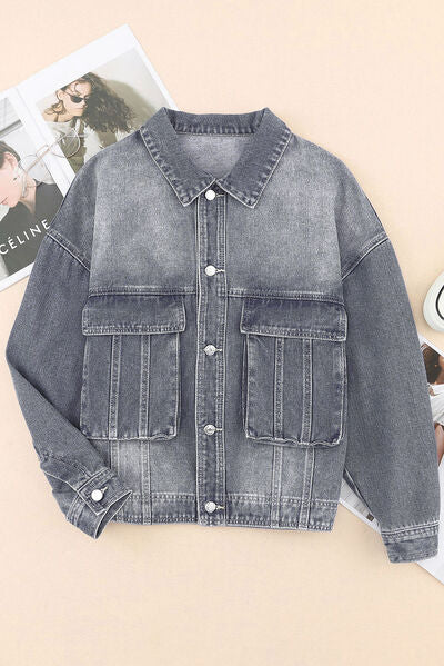 Button Up Dropped Shoulder Denim Jacket with Pockets - TRENDMELO