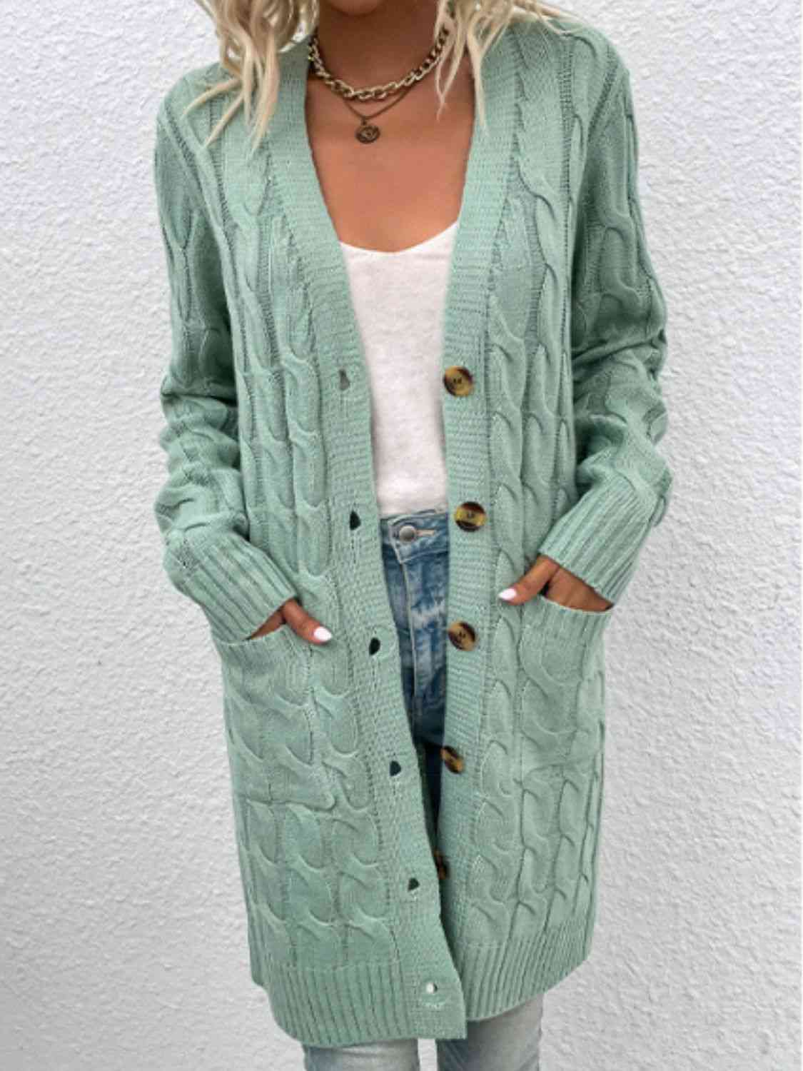 Cable-Knit Button Down Cardigan with Pockets - TRENDMELO