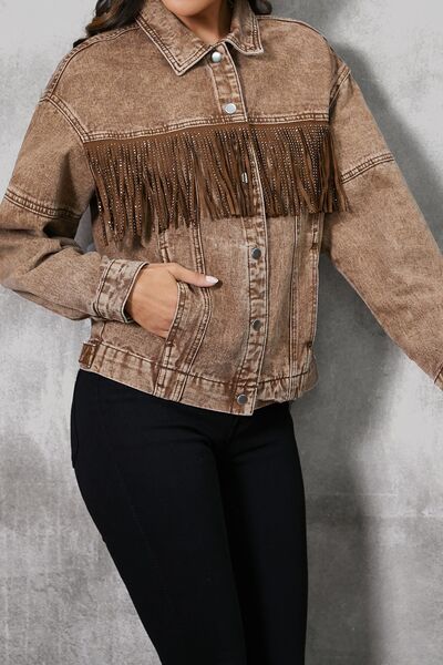 Fringe Trim Snap Down Denim Jacket - TRENDMELO