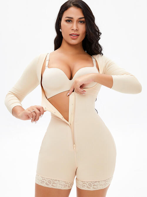 Full Size Zip Up Lace Detail Long Sleeve Shapewear - TRENDMELO