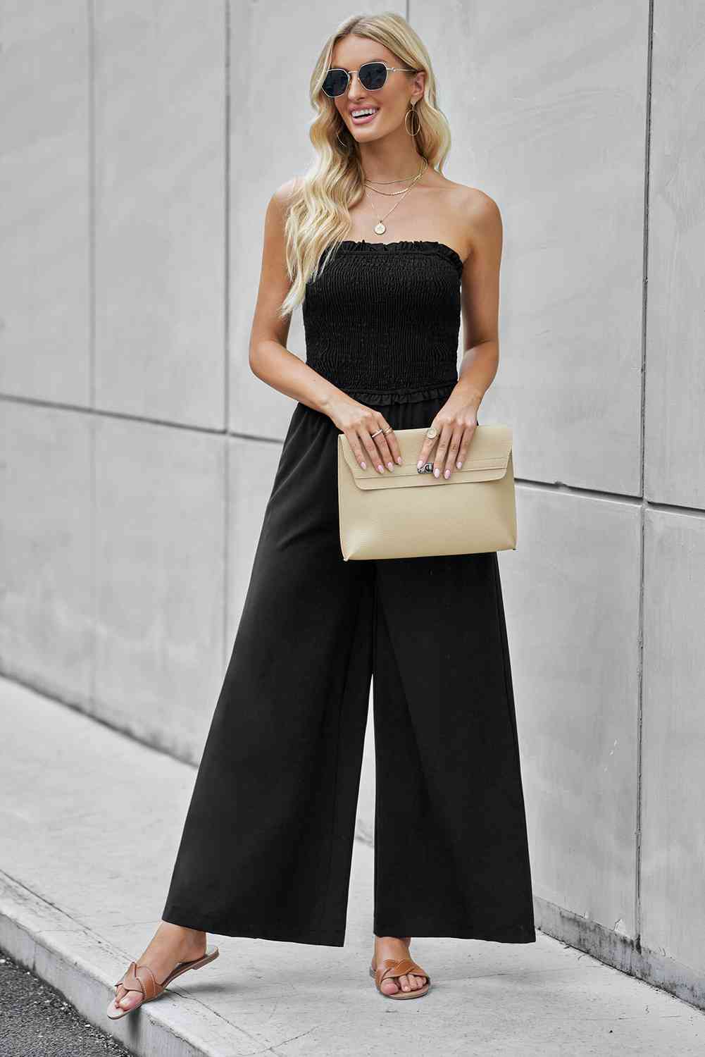 Straight Neck Smocked Jumpsuit - TRENDMELO