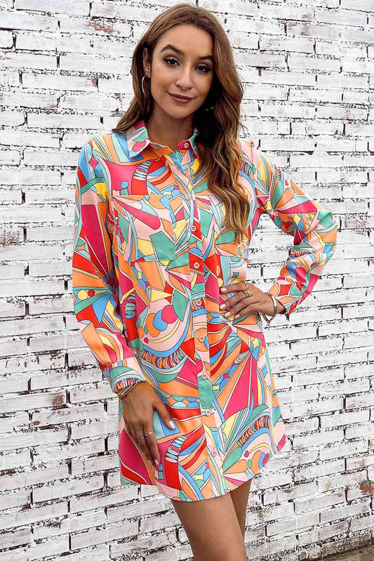 Multicolored Long Sleeve Shirt Dress - TRENDMELO