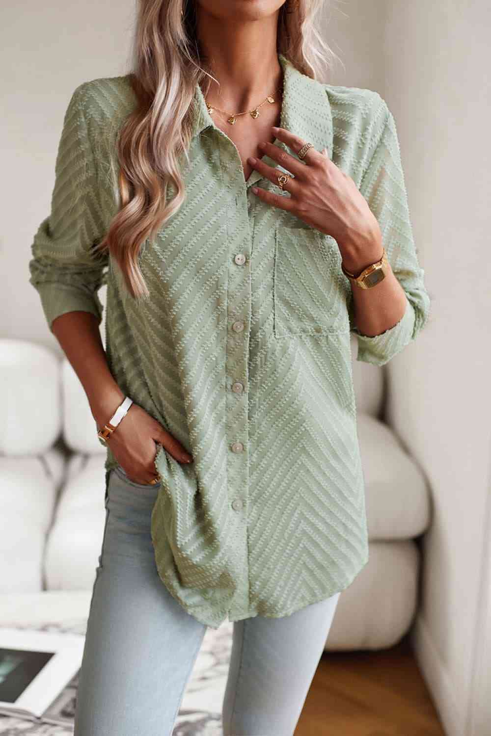 Collared Neck Long Sleeve Pocketed Shirt - TRENDMELO