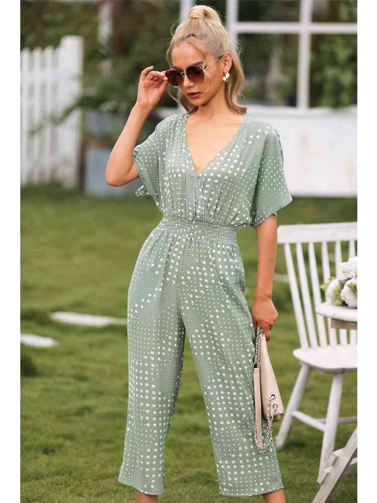 Polka Dot Surplice Neck Jumpsuit with Pockets - TRENDMELO