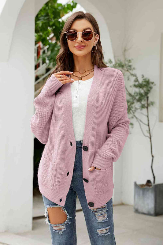 Button Up Drop Shoulder Long Sleeve Cardigan - TRENDMELO