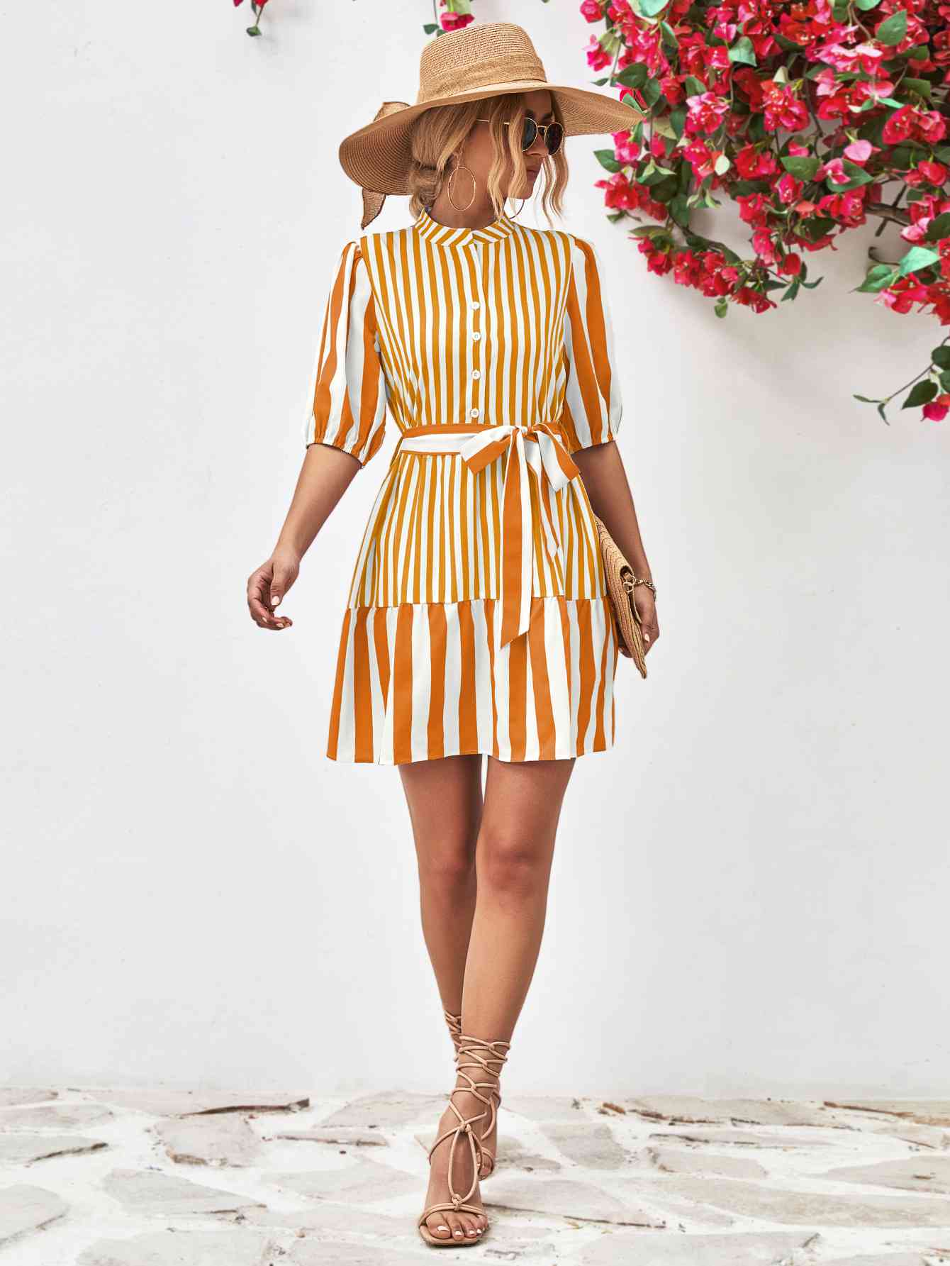 Striped Half Sleeve Tie Waist Mini Dress - TRENDMELO