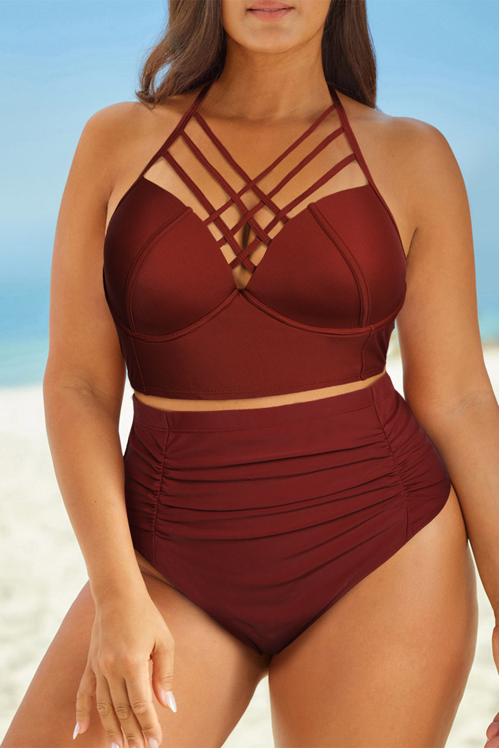 Full Size Halter Neck Crisscross Ruched Two-Piece Swimsuit - TRENDMELO