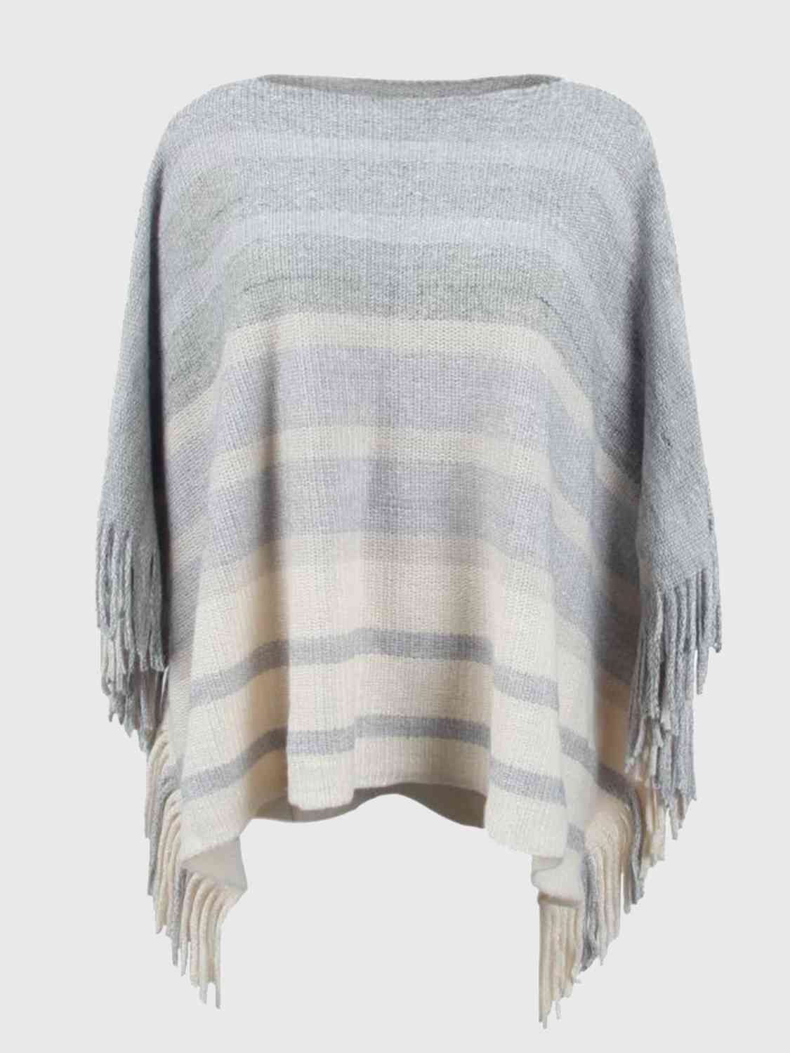 Striped Boat Neck Poncho with Fringes - TRENDMELO