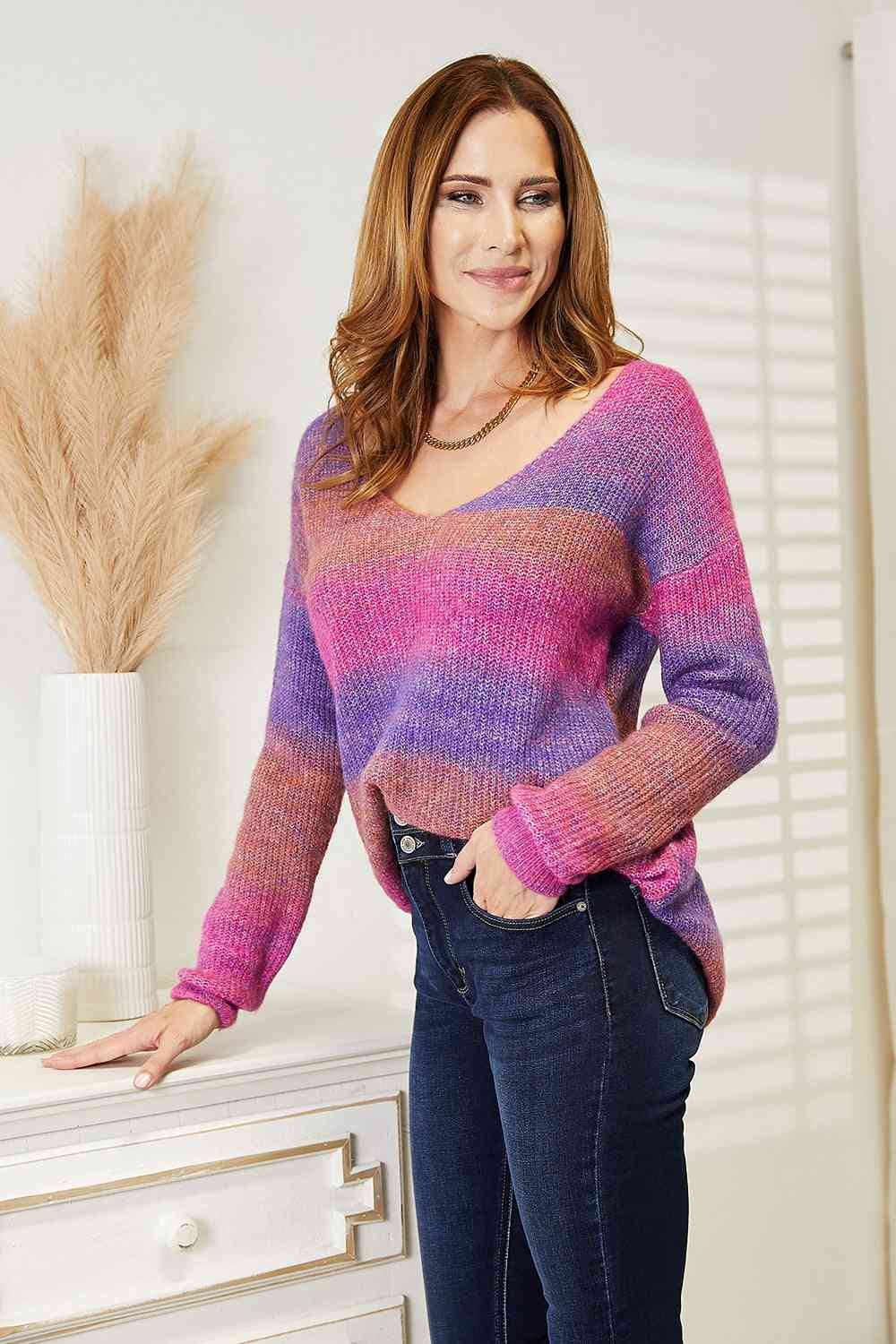 Double Take Multicolored Rib-Knit V-Neck Knit Pullover - TRENDMELO