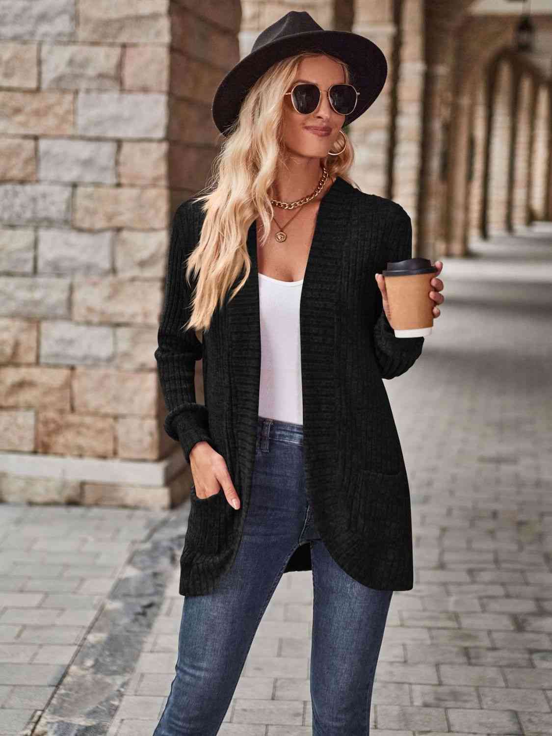 Open Front Cardigan with Pockets - TRENDMELO