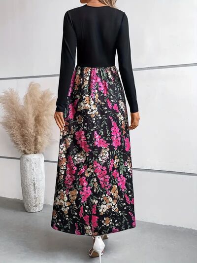 Floral Round Neck Long Sleeve Maxi Dress - TRENDMELO