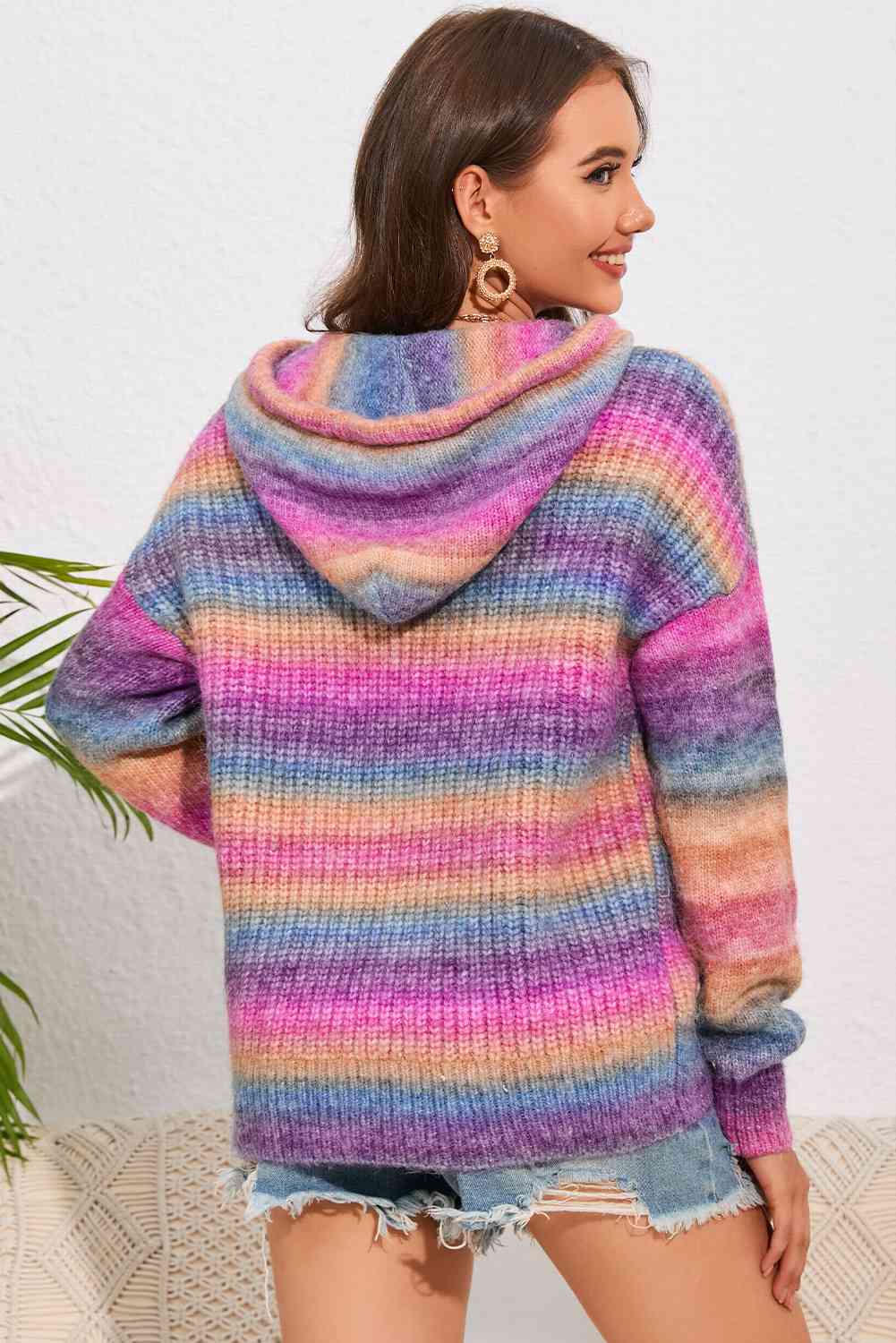 Multicolor Dropped Shoulder Hooded Sweater - TRENDMELO