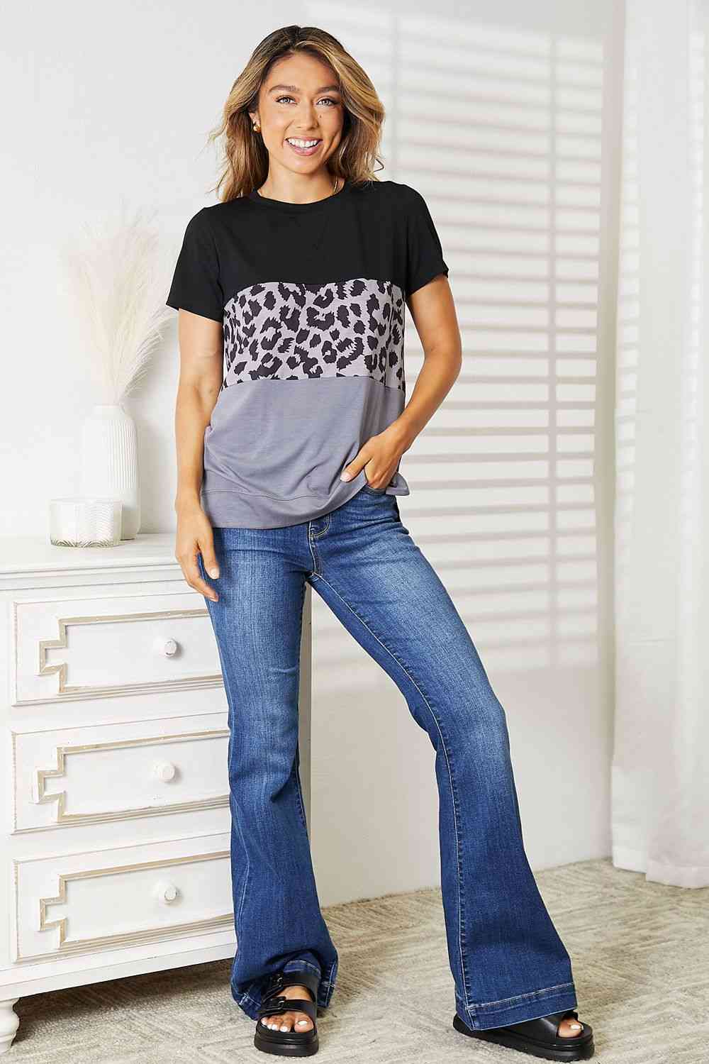 Double Take Leopard Print Color Block Short Sleeve T-Shirt - TRENDMELO